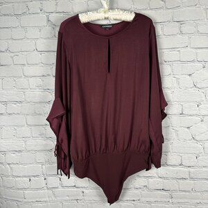 Express Ruffled Flare Sleeve Key Hole Detail Bodysuit Blouse, Size Large, Plum